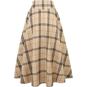 imageIDEALSANXUN Womens Plaid Skirts Fall Winter High Waisted A Line Long Pleated Maxi Skirt with PocketsKhaki