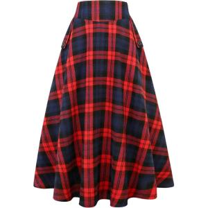 imageIDEALSANXUN Womens Plaid Skirts Fall Winter High Waisted A Line Long Pleated Maxi Skirt with PocketsRed