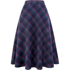 imageIDEALSANXUN Womens Plaid Wool Skirts Elastic Waist ALine Pleated Tartan Long SkirtsBlue green