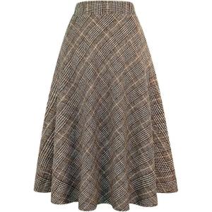 imageIDEALSANXUN Womens Plaid Wool Skirts Elastic Waist ALine Pleated Tartan Long SkirtsCoffee
