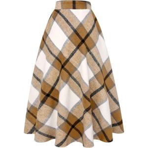 imageIDEALSANXUN Womens Plaid Wool Skirts Elastic Waist ALine Pleated Tartan Long SkirtsKhaki