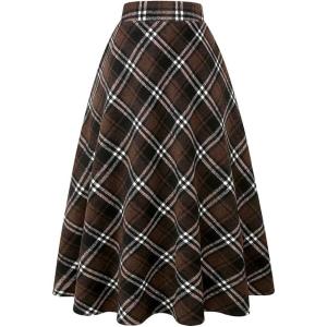 imageIDEALSANXUN Womens Plaid Wool Skirts Elastic Waist ALine Pleated Tartan Long SkirtsLong Coffee 1901