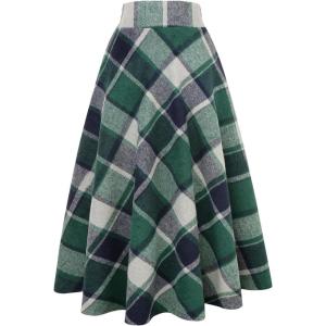 imageIDEALSANXUN Womens Plaid Wool Skirts Elastic Waist ALine Pleated Tartan Long SkirtsLong Green 02