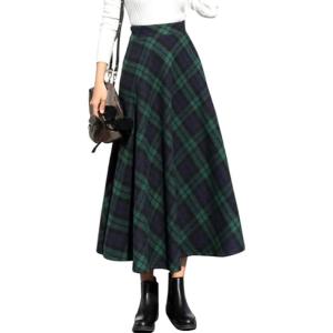 imageIDEALSANXUN Womens Plaid Wool Skirts Elastic Waist ALine Pleated Tartan Long SkirtsLong Green