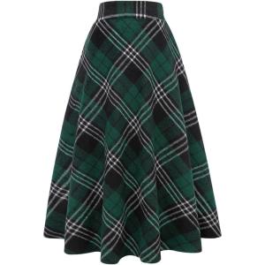 imageIDEALSANXUN Womens Plaid Wool Skirts Elastic Waist ALine Pleated Tartan Long SkirtsLong Green 711