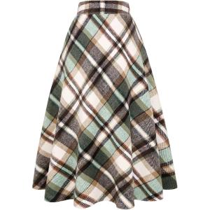 imageIDEALSANXUN Womens Plaid Wool Skirts Elastic Waist ALine Pleated Tartan Long SkirtsLong GreenNew