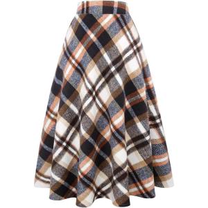 imageIDEALSANXUN Womens Plaid Wool Skirts Elastic Waist ALine Pleated Tartan Long SkirtsLong White Brown