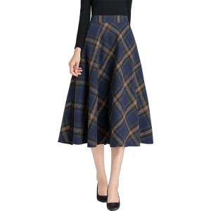 imageIDEALSANXUN Womens Plaid Wool Skirts Elastic Waist ALine Pleated Tartan Long SkirtsMidcalf Navy