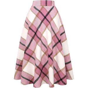 imageIDEALSANXUN Womens Plaid Wool Skirts Elastic Waist ALine Pleated Tartan Long SkirtsPink