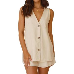 imageIDEALSANXUN Womens Spring Summer V Neck Button Down Cotton Linen Vest Tops Sleeveless ShirtsBeige