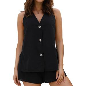 imageIDEALSANXUN Womens Spring Summer V Neck Button Down Cotton Linen Vest Tops Sleeveless ShirtsBlack