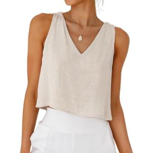 imageIDEALSANXUN Womens V Neck Cropped Linen Tank Tops Spring Summer Sleeveless ShirtsBeige