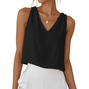 imageIDEALSANXUN Womens V Neck Cropped Linen Tank Tops Spring Summer Sleeveless ShirtsBlack