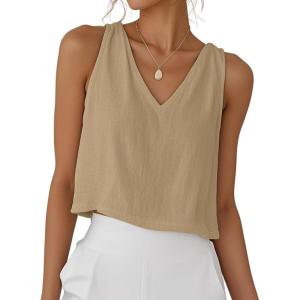 imageIDEALSANXUN Womens V Neck Cropped Linen Tank Tops Spring Summer Sleeveless ShirtsDark Khaki