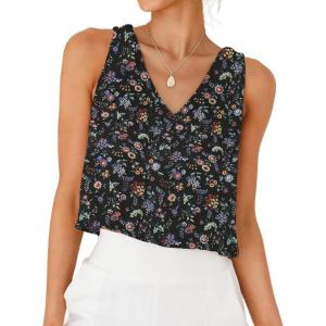 imageIDEALSANXUN Womens V Neck Cropped Linen Tank Tops Spring Summer Sleeveless ShirtsFloral Black