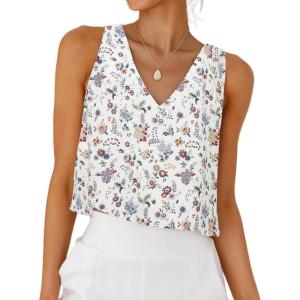 imageIDEALSANXUN Womens V Neck Cropped Linen Tank Tops Spring Summer Sleeveless ShirtsFloral White