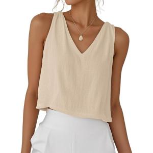 imageIDEALSANXUN Womens V Neck Cropped Linen Tank Tops Spring Summer Sleeveless ShirtsKhaki