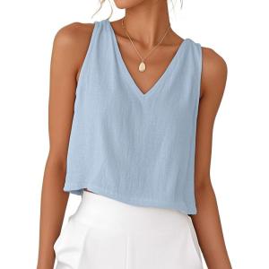 imageIDEALSANXUN Womens V Neck Cropped Linen Tank Tops Spring Summer Sleeveless ShirtsLight Blue