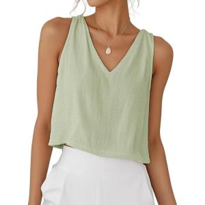 imageIDEALSANXUN Womens V Neck Cropped Linen Tank Tops Spring Summer Sleeveless ShirtsLight Green