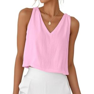 imageIDEALSANXUN Womens V Neck Cropped Linen Tank Tops Spring Summer Sleeveless ShirtsPink