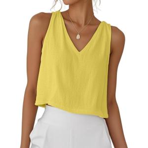 imageIDEALSANXUN Womens V Neck Cropped Linen Tank Tops Spring Summer Sleeveless ShirtsYellow