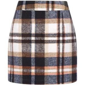 imageIDEALSANXUN Womens Wool Plaid Mini Skirt Fall Winter High Elastic Waist Short Pencil SkirtBrown