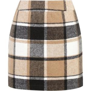 imageIDEALSANXUN Womens Wool Plaid Mini Skirt Fall Winter High Elastic Waist Short Pencil SkirtBrown New