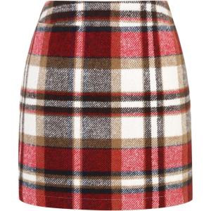imageIDEALSANXUN Womens Wool Plaid Mini Skirt Fall Winter High Elastic Waist Short Pencil SkirtWine