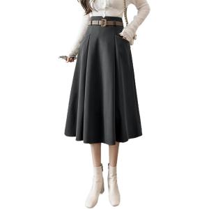imageIDEALSANXUN Wool Midi Skirts for Womens High Waisted A Line Pleated Belted Fall Winter SkirtsDark Grey