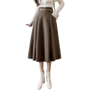 imageIDEALSANXUN Wool Midi Skirts for Womens High Waisted A Line Pleated Belted Fall Winter SkirtsKhaki
