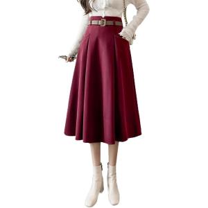 imageIDEALSANXUN Wool Midi Skirts for Womens High Waisted A Line Pleated Belted Fall Winter SkirtsWine
