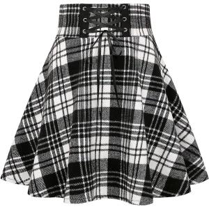 imageIDEALSANXUN Wool Plaid Mini Gothic Skirts for Womens High Waist Lace Up Short Pleated Skater SkirtsBlack