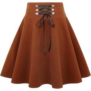 imageIDEALSANXUN Wool Plaid Mini Gothic Skirts for Womens High Waist Lace Up Short Pleated Skater SkirtsCamel