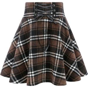 imageIDEALSANXUN Wool Plaid Mini Gothic Skirts for Womens High Waist Lace Up Short Pleated Skater SkirtsCoffee