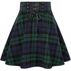 imageIDEALSANXUN Wool Plaid Mini Gothic Skirts for Womens High Waist Lace Up Short Pleated Skater SkirtsGreen