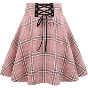 imageIDEALSANXUN Wool Plaid Mini Gothic Skirts for Womens High Waist Lace Up Short Pleated Skater SkirtsPink