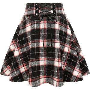 imageIDEALSANXUN Wool Plaid Mini Gothic Skirts for Womens High Waist Lace Up Short Pleated Skater SkirtsPinkblack