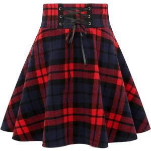 imageIDEALSANXUN Wool Plaid Mini Gothic Skirts for Womens High Waist Lace Up Short Pleated Skater SkirtsRed