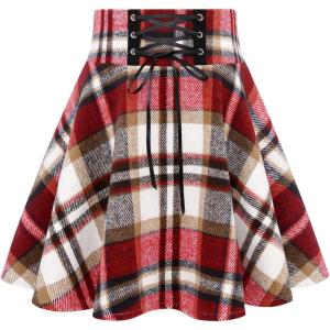 imageIDEALSANXUN Wool Plaid Mini Gothic Skirts for Womens High Waist Lace Up Short Pleated Skater SkirtsWine
