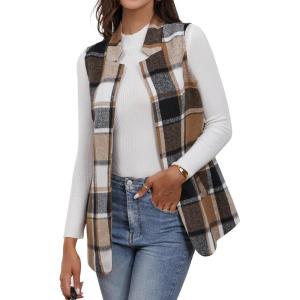 imageIDEALSANXUN Wool Plaid Vest for Women Fall Winter Coat Sleeveless Blazer Jackets Casual Outwear Open Front Cardigan TopBrown