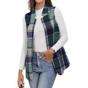 imageIDEALSANXUN Wool Plaid Vest for Women Fall Winter Coat Sleeveless Blazer Jackets Casual Outwear Open Front Cardigan TopGreen New