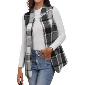 imageIDEALSANXUN Wool Plaid Vest for Women Fall Winter Coat Sleeveless Blazer Jackets Casual Outwear Open Front Cardigan TopGrey