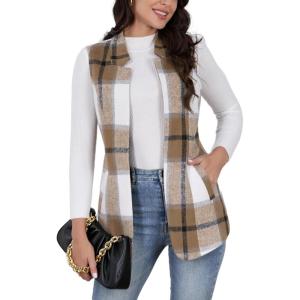 imageIDEALSANXUN Wool Plaid Vest for Women Fall Winter Coat Sleeveless Blazer Jackets Casual Outwear Open Front Cardigan TopKhaki