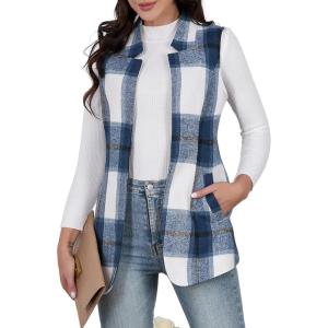 imageIDEALSANXUN Wool Plaid Vest for Women Fall Winter Coat Sleeveless Blazer Jackets Casual Outwear Open Front Cardigan TopNavy