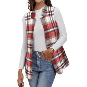 imageIDEALSANXUN Wool Plaid Vest for Women Fall Winter Coat Sleeveless Blazer Jackets Casual Outwear Open Front Cardigan TopWine
