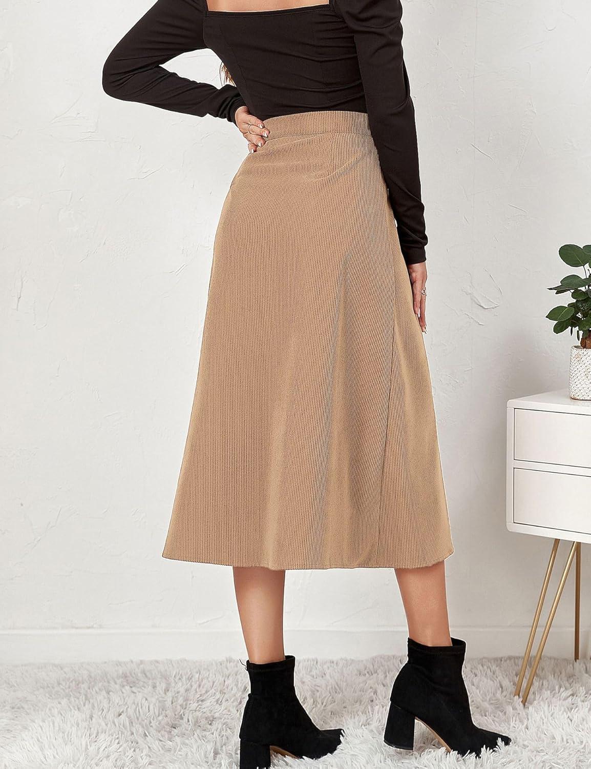 imageIDEALSANXUN Corduroy Skirt Women Fall Winter Elastic High Waisted Button A Line Vintage Cute Midi Skirts with SlitBeige