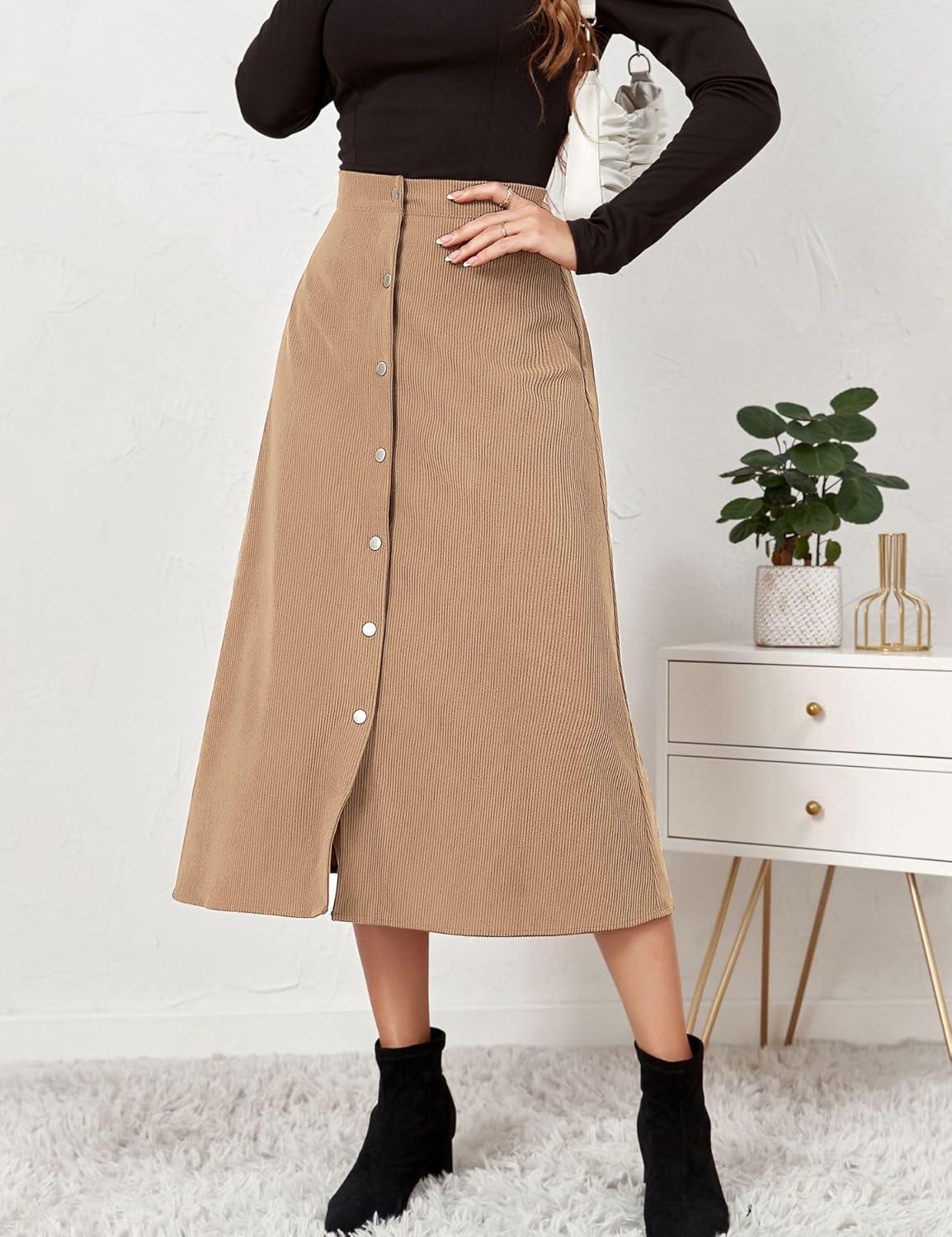 imageIDEALSANXUN Corduroy Skirt Women Fall Winter Elastic High Waisted Button A Line Vintage Cute Midi Skirts with SlitBeige