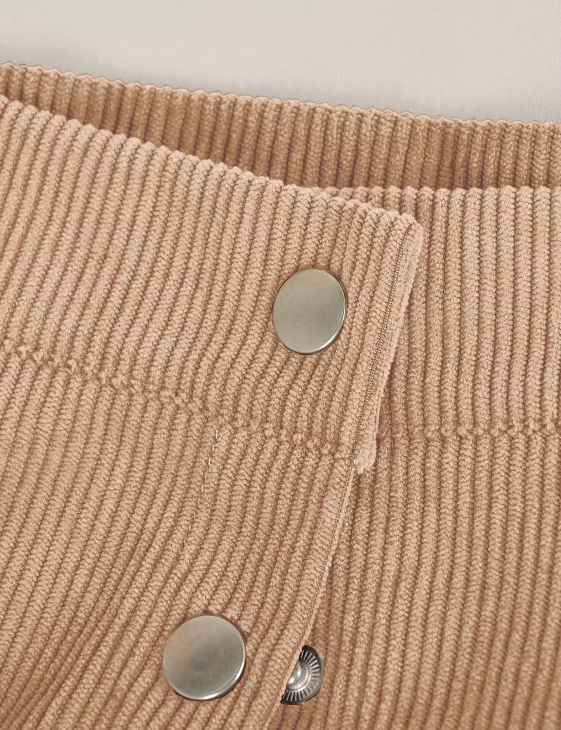imageIDEALSANXUN Corduroy Skirt Women Fall Winter Elastic High Waisted Button A Line Vintage Cute Midi Skirts with SlitBeige
