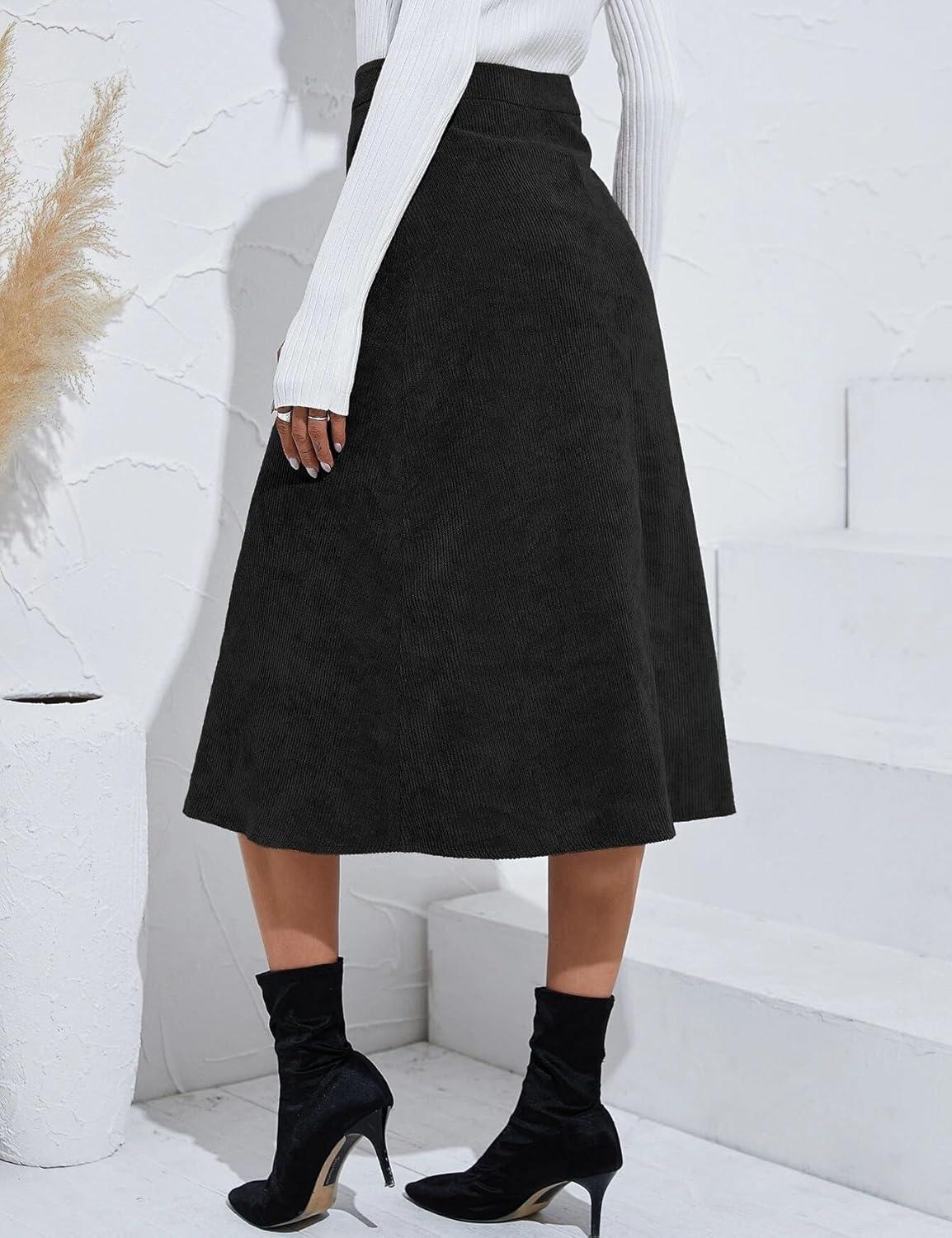 imageIDEALSANXUN Corduroy Skirt Women Fall Winter Elastic High Waisted Button A Line Vintage Cute Midi Skirts with SlitBlack