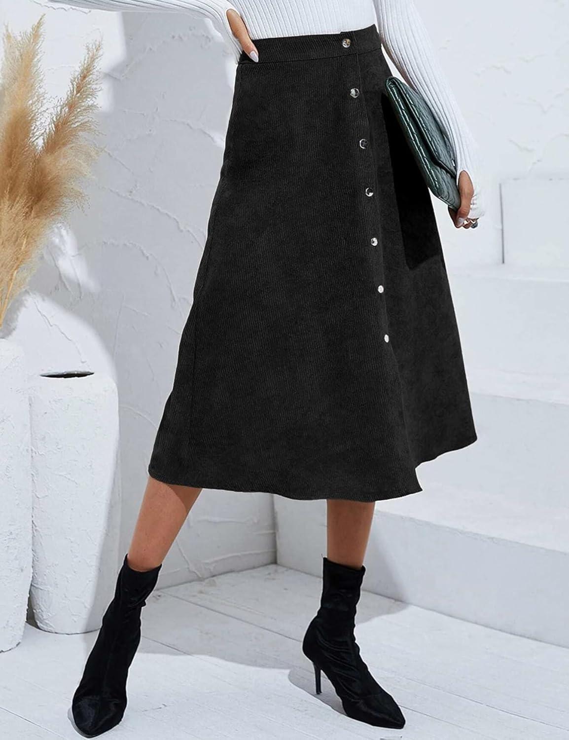 imageIDEALSANXUN Corduroy Skirt Women Fall Winter Elastic High Waisted Button A Line Vintage Cute Midi Skirts with SlitBlack